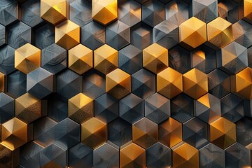 Wall Mural - A wall of gold and black hexagons. The wall is made of metal and has a modern look