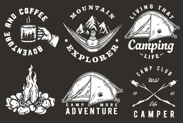 Wall Mural - Collection of vintage camping and adventure emblems featuring tents, campfires, and nature for outdoor enthusiasts and wilderness. Set of t-shirt prints for travel, nature hiking and camp