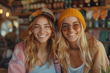 The image showcases two happy women with beaming smiles, one in glasses and another in a yellow beanie