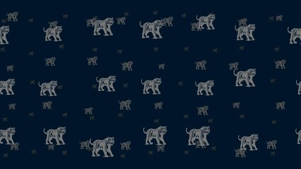 Poster - Tiger symbols float horizontally from left to right. Parallax fly effect. Floating symbols are located randomly. Seamless looped 4k animation on dark blue background