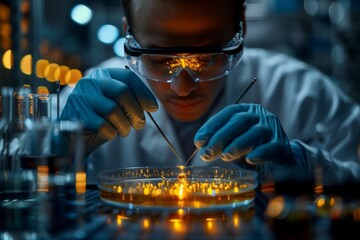 Poster - A scientist is conducting advanced experiments with petri dishes in a laboratory setting