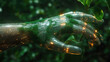 Green moss entangle transparent digital robotic hand with chips inside, futuristic ecological concept