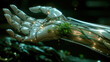 Green plants entangle robotic hand, futuristic ecological concept