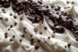 Beautiful vanilla ice-cream with chocolate crumbs background. Close up tasty cool texture.
