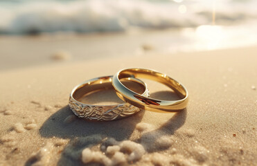 two wedding rings on beach sand