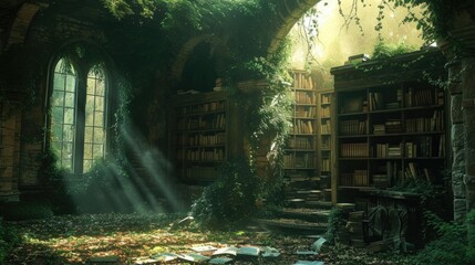 Wall Mural - An ancient library in a hidden forest, overgrown with ivy, books filled with forgotten lore, mystical ambiance, sunlight filtering through leaves. Resplendent.