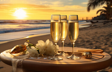 Wall Mural - Three glasses of champagne on beach table