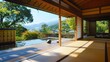 Traditional Japanese room with sliding doors opening to mountain view. Minimalist interior design concept