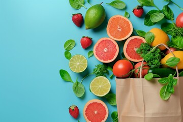 Wall Mural - A high-angle shot showcases a shopping bag brimming with a variety of fruits and vegetables against a blue background