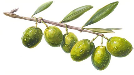 Wall Mural -  Green olives dangling from a branch, dripping with water, against a pristine white backdrop