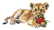   A watercolor painting of a lion cub holding a strawberry in its mouth while one paw is planted on the ground