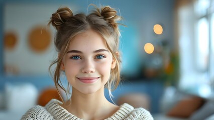 Closeup of smiling teenage girl with two buns wearing sweater on blue background. Concept Portraits, Teenagers, Smiling, Hairstyles, Fashion