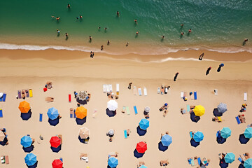 Wall Mural - Aerial view of sandy beach with colorful umbrellas, swimming people in sea bay with transparent blue water in summer. Top view