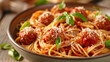 Rustic pasta dish: a generous serving of al dente spaghetti tossed in a rich marinara sauce with meatballs, sprinkled with grated Parmesan cheese and fresh basil leaves, served in a cozy ceramic bowl 