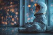 Dreamy image of a child in an astronaut suit, gazing out a window into a starry night sky