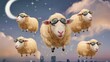 A funny illustration of floating sheep in glasses against a night sky with a moon and clouds over city