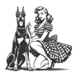 retro pin-up girl with dog Doberman, evoking a sense of vintage companionship sketch engraving generative ai fictional character vector illustration. Scratch board imitation. Black and white image.