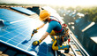 A working master technician installs solar panels on the roof of a house. Installation of energy-saving technologies for environmentally friendly power generation in a smart home.