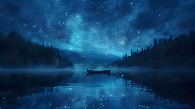 A minimalist sketch of a canoe on a mirror-like lake under starry skies