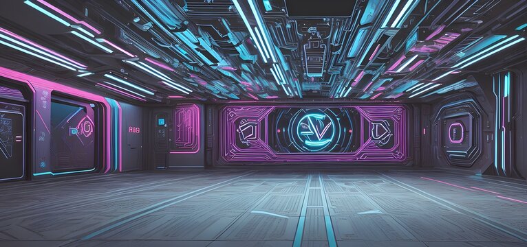 cyber futuristic sci-fi background, street floor studio for mock up. colored geometric.