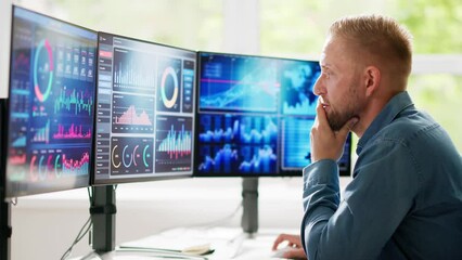 Wall Mural - Unhappy Overwhelmed Business Man Looking At Dashboard