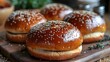 Freshly baked hamburger buns with sesame seeds and homemade brioche. Concept Hamburger Buns, Sesame Seeds, Homemade Brioche