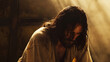 An emotional portrayal of Jesus praying in solitude in a dimly lit room, his brow furrowed in deep concentration, as he pours out his heart in supplication, conveying the weight of