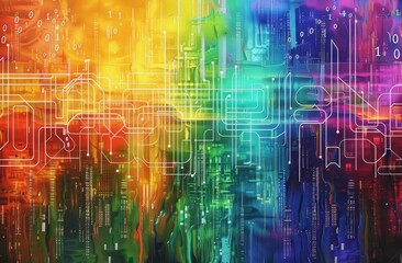 Wall Mural - digital background with a rainbow color gradient and data curves on the left side, binary code patterns in white lines at the top center of the composition, circuit board-like elements Generative AI