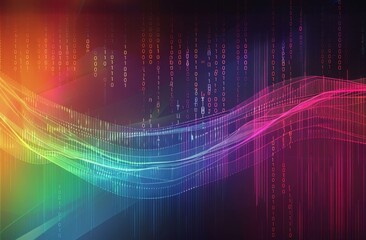 Colorful background with data curves and binary code on the right, in the style of a technical illustration, digital design elements, technology-inspired, rainbow color palette Generative AI
