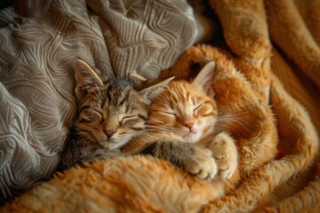 Canvas Print - Two cats are sleeping on a blanket. One is orange and the other is gray. The blanket is soft and cozy