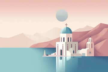 Wall Mural - Santorini island landscape. Pattern with houses. Illustration