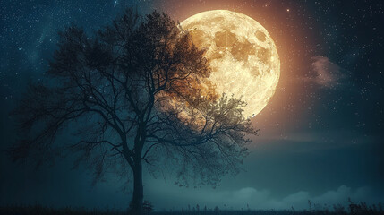Wall Mural -  moon in the night as symbol for good sleep or dreams with the silhouette of a tree in front