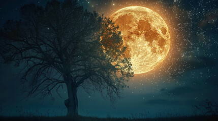 Wall Mural -  moon in the night as symbol for good sleep or dreams with the silhouette of a tree in front