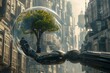 A robotic appendage tenderly supports a flourishing tree enclosed in a glass dome amidst city structures.