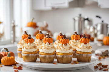 Wall Mural - Pumpkin cupcakes with whipped cream cheese and dusted with cinnamon. Thanksgiving autumn dessert, generated AI.