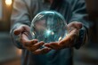 Digital innovation showcased as hands manipulate holographic sphere in global tech hub