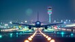 Airplane during take off on airport runway at night. Plane getting ready to take off. Airport at night. Travel concept