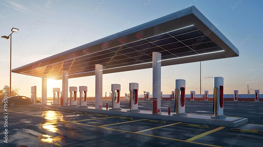 Modern electric vehicle charging station at sunrise. Clean energy ...