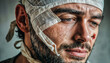 Wounded young man - head bandaged with bandages. Generative AI