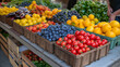 14. Bountiful Harvest: Vibrant fruits and vegetables overflow from baskets and crates at a bustling farmer's market, their colors and flavors a testament to the abundance of the su
