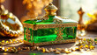 Green jewelry box decorated with gold. Generative AI