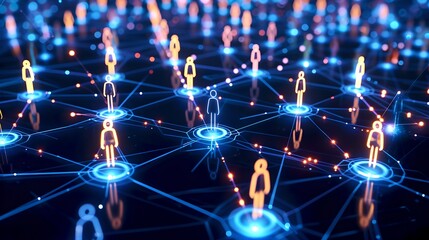 Aufkleber - Connected World: Digital Network of Human Icons. Technology, Communication, AI Concept. Blue Luminescence, Futuristic Visualization. AI