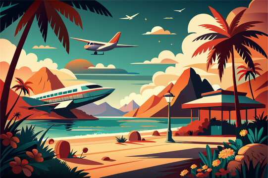 Illustration of a tropical beach scene with a boat on the water, an airplane flying overhead, palm trees, a beach hut, and mountains in the background.