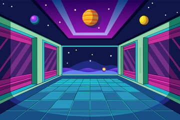 Poster - An illustration of a futuristic hallway with a view of outer space and colorful planets through the windows.