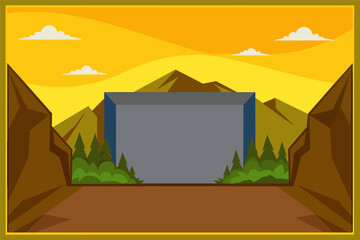 Poster - A stylized vector illustration of a large, square gray monument in a valley between mountains, under an orange sky with white clouds.