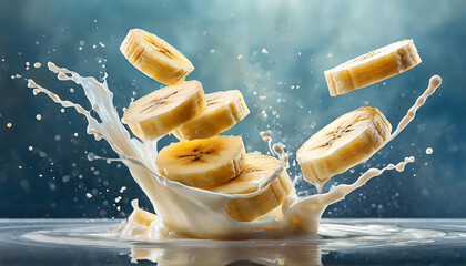 Wall Mural - Levitating banana slices and milk splashes. Tasty yogurt. Healthy food. Fruity drink.