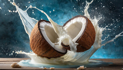 Levitating coconuts and milk splashes. Tasty and healthy food. Blue background.