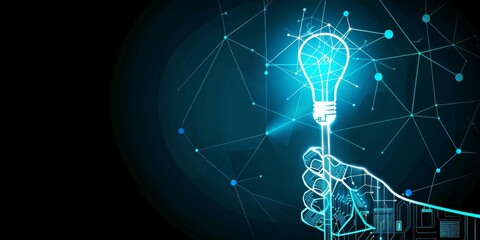 Poster - Conceptual Representation of Innovation and Energy: A Hand Holding a Brightly Illuminated Light Bulb Amidst a Flow of Electrical Energy, Symbolizing Bright Ideas and Power, Generative AI