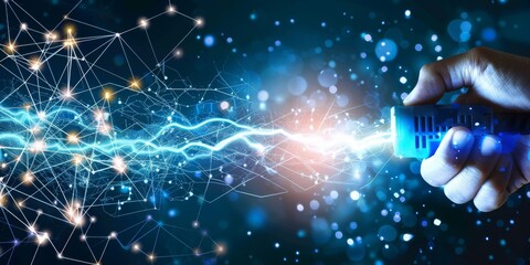 Poster - Dynamic Connectivity Concept: A Hand Plugging in a Power Cord, Symbolizing the Connection and Transfer of Data Across a Sparkling, High-Tech Network, Generative AI