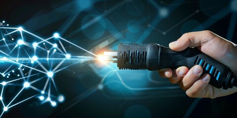 Poster - Dynamic Connectivity Concept: A Hand Plugging in a Power Cord, Symbolizing the Connection and Transfer of Data Across a Sparkling, High-Tech Network, Generative AI